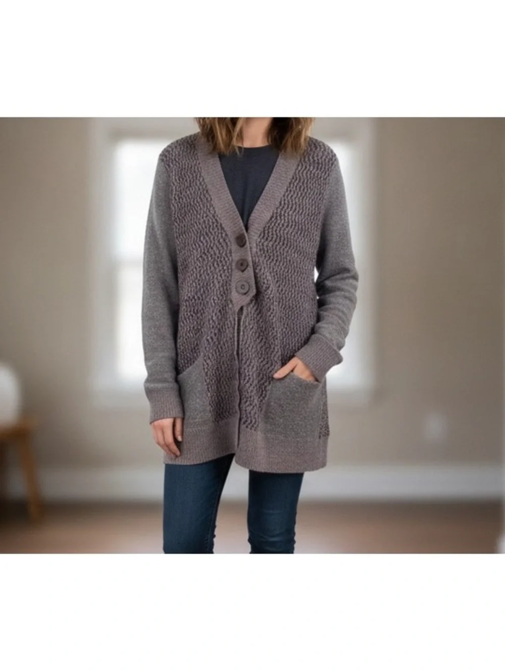 Free People Women Cardigan Chunky Knit Button Front Gray Medium